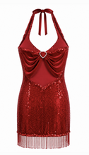 Load image into Gallery viewer, Dansco Red Velvet Sequin Heart Halter Dance Dress