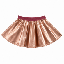 Load image into Gallery viewer, Rose Gold Schoolgirl Dance Costume Set – 365 Kids Skirt & Wonder Nation PoloTwo-piece dance costume featuring a classic white short-sleeve pullover polo shirt by Wonder Nation paired with a metallic rose-gold skater skirt by 365 Kids. The uniform-style sh