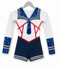Load image into Gallery viewer, Anchors Aweigh Sparkle Sailor Biketard – Girls Small