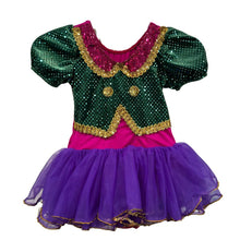 Load image into Gallery viewer, Purple, Green, Gold, & Fuchsia Sequin Jazz Costume Medium Child