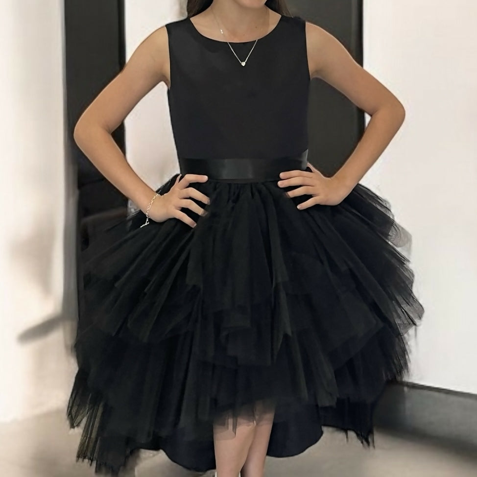 black dresses for teens Elegant High-Low Satin & Tulle Dress Model is wearing a Peach Watercolor Floral Spaghetti Kate-2025/6/19 Skirt/Dress length type:Longer Length (suitable for Height 168cm & above)