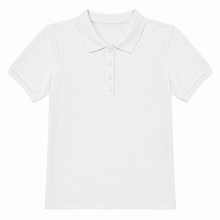 Load image into Gallery viewer, Rose Gold Schoolgirl Dance Costume Set – 365 Kids Skirt & Wonder Nation PoloTwo-piece dance costume featuring a classic white short-sleeve pullover polo shirt by Wonder Nation paired with a metallic rose-gold skater skirt by 365 Kids. The uniform-style sh