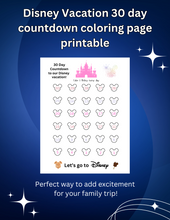 Load image into Gallery viewer, Disney Vacation Calendar Countdown 30 days to Vacation Coloring Page trip reveal PDF digital download