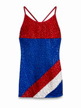 Load image into Gallery viewer, Stars, Stripes & Serious Sparkle! Red, White & Blue Sequin Costume Dress