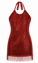 Load image into Gallery viewer, Dansco Red Velvet Sequin Heart Halter Dance Dress