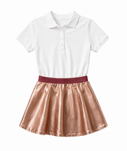 Load image into Gallery viewer, Rose Gold Schoolgirl Dance Costume Set – 365 Kids Skirt & Wonder Nation PoloTwo-piece dance costume featuring a classic white short-sleeve pullover polo shirt by Wonder Nation paired with a metallic rose-gold skater skirt by 365 Kids. The uniform-style sh