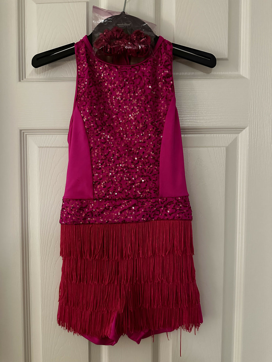 Jazz Costume (Hot pink one piece shorts with fringe and matching pony)