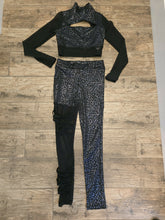 Load image into Gallery viewer, Weissman 2-Piece Shiny Leotard Print Black Sheer crop long sleeve top and leggings,
