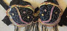 Load image into Gallery viewer, Black with yellow pink peach accent belly dance set
