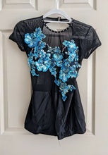 Load image into Gallery viewer, Black costume with blue sequin flowers
