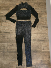 Load image into Gallery viewer, Weissman 2-Piece Shiny Leotard Print Black Sheer crop long sleeve top and leggings,
