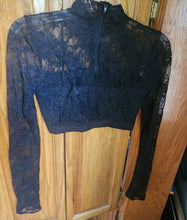 Load image into Gallery viewer, black lace top with black bottoms, it was used as a jazz costume.
