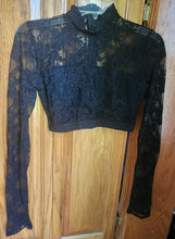 Load image into Gallery viewer, black lace top with black bottoms, it was used as a jazz costume.
