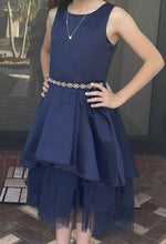 Load image into Gallery viewer, Royal Blue Satin and Tulle Ruffled Dress with Stone-Embellished Waist
