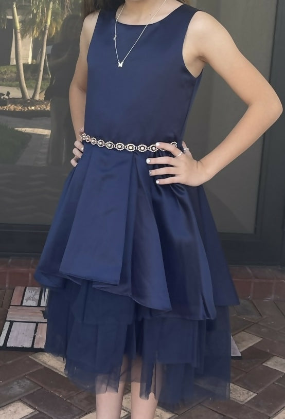 Royal Blue Satin and Tulle Ruffled Dress with Stone-Embellished Waist