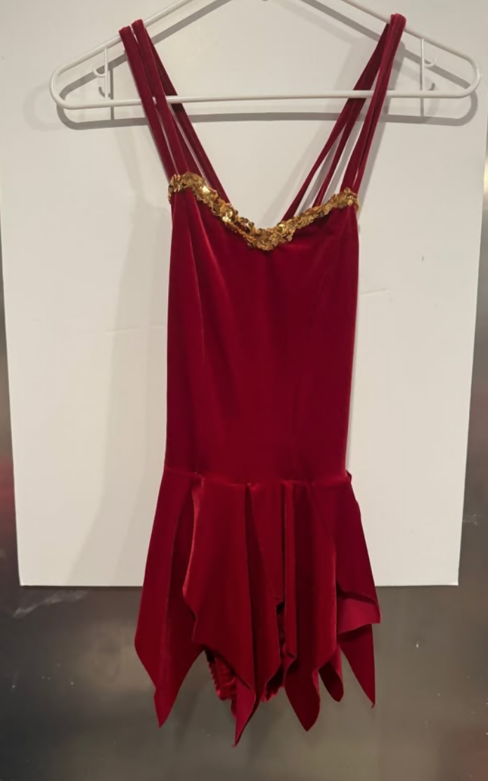Red Velvet Dress with Gold Sequin Trim AS Red Velvet Dress with Gold Sequin Trim AS