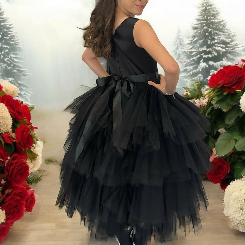 Elegant High-Low Satin & Tulle Black Dress for Teens