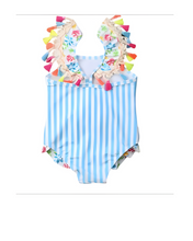 Load image into Gallery viewer, Flamingo Embroidery Stripe Ruffle Trim Tassel One Piece Swimsuit
