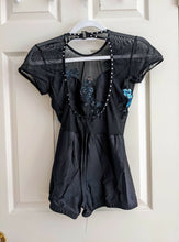 Load image into Gallery viewer, Black costume with blue sequin flowers
