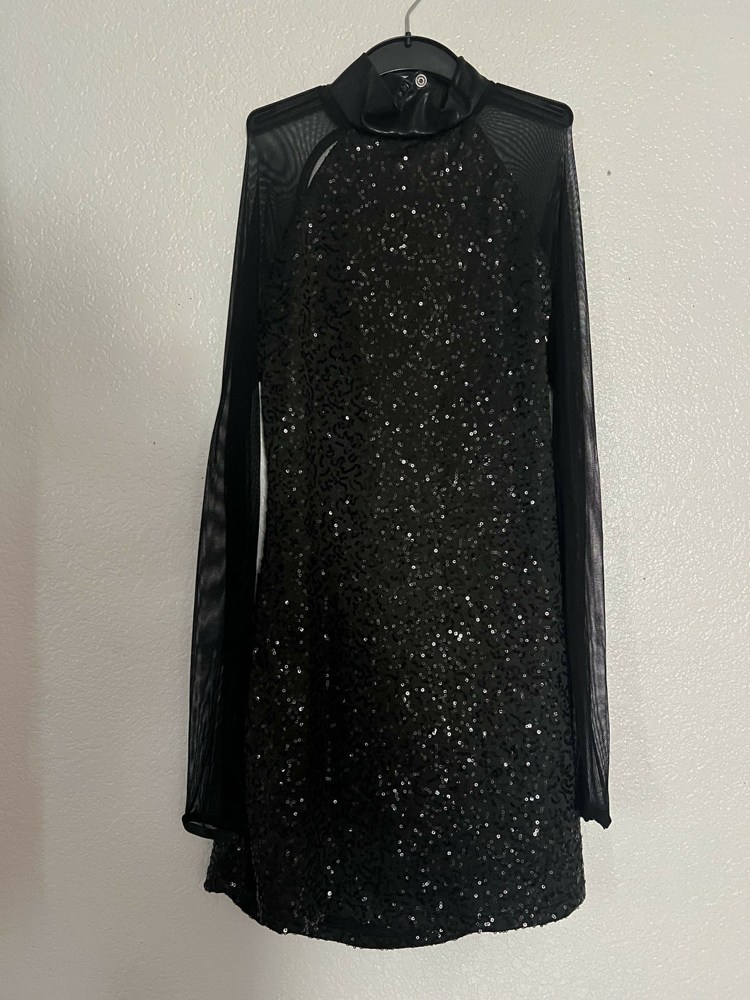 BLACK SEQUIN DRESS W/ MESH SLEEVES