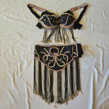 Load image into Gallery viewer, Black with yellow pink peach accent belly dance set
