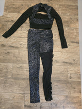 Load image into Gallery viewer, Weissman 2-Piece Shiny Leotard Print Black Sheer crop long sleeve top and leggings,
