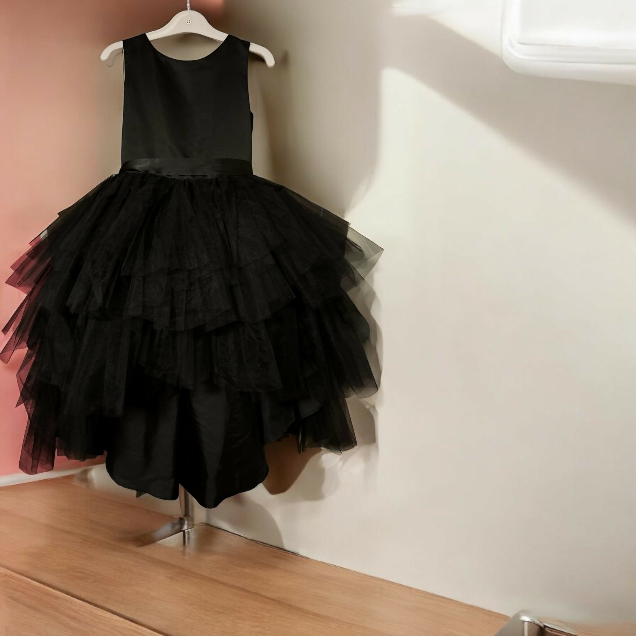 Elegant High-Low Satin & Tulle Black Dress for Teens