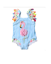 Load image into Gallery viewer, Flamingo Embroidery Stripe Ruffle Trim Tassel One Piece Swimsuit
