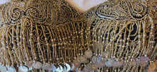 Load image into Gallery viewer, black halter with burnished gold beading and coins
