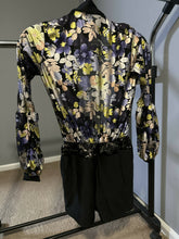 Load image into Gallery viewer, A Wish Come True Romper satin, open front, bell sleeve, flowers
