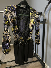 Load image into Gallery viewer, A Wish Come True Romper satin, open front, bell sleeve, flowers
