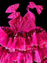 Load image into Gallery viewer, Sparkly Fuchsia/Pink Sequin Dress, Cute Tutu Style Dress for Dance Recital, Performance, Pageant with Bow Accessory
