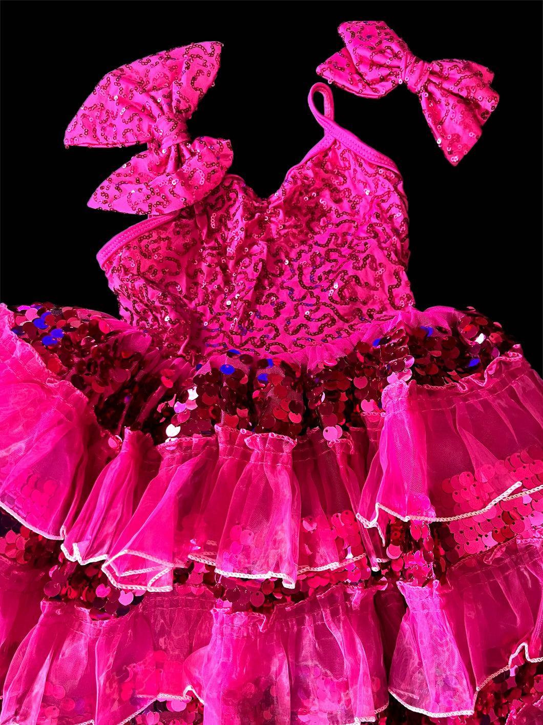 Sparkly Fuchsia/Pink Sequin Dress, Cute Tutu Style Dress for Dance Recital, Performance, Pageant with Bow Accessory