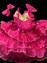 Load image into Gallery viewer, Sparkly Fuchsia/Pink Sequin Dress, Cute Tutu Style Dress for Dance Recital, Performance, Pageant with Bow Accessory
