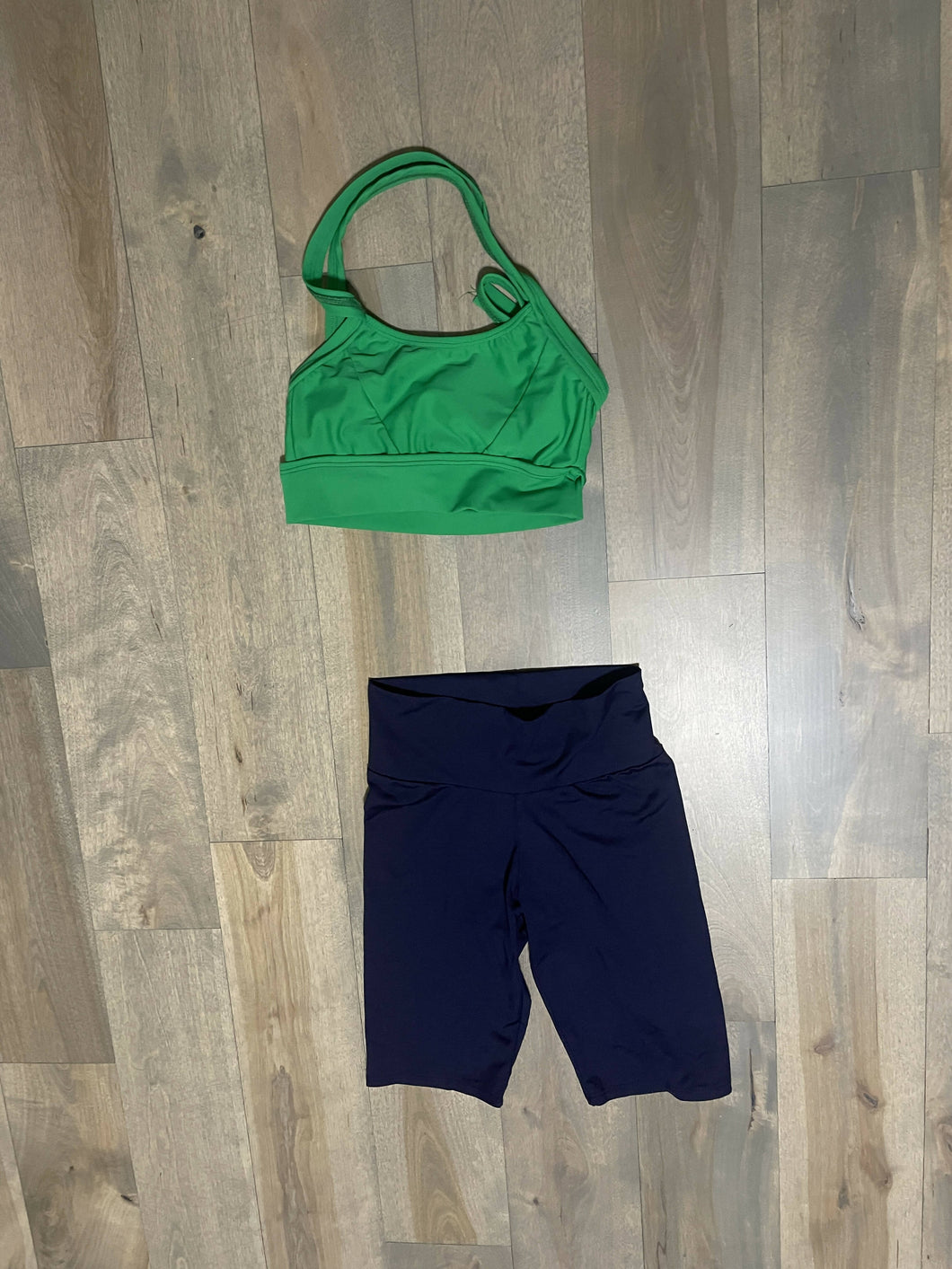 Carissa Couture Green Tied Top and Navy Blue Bikers